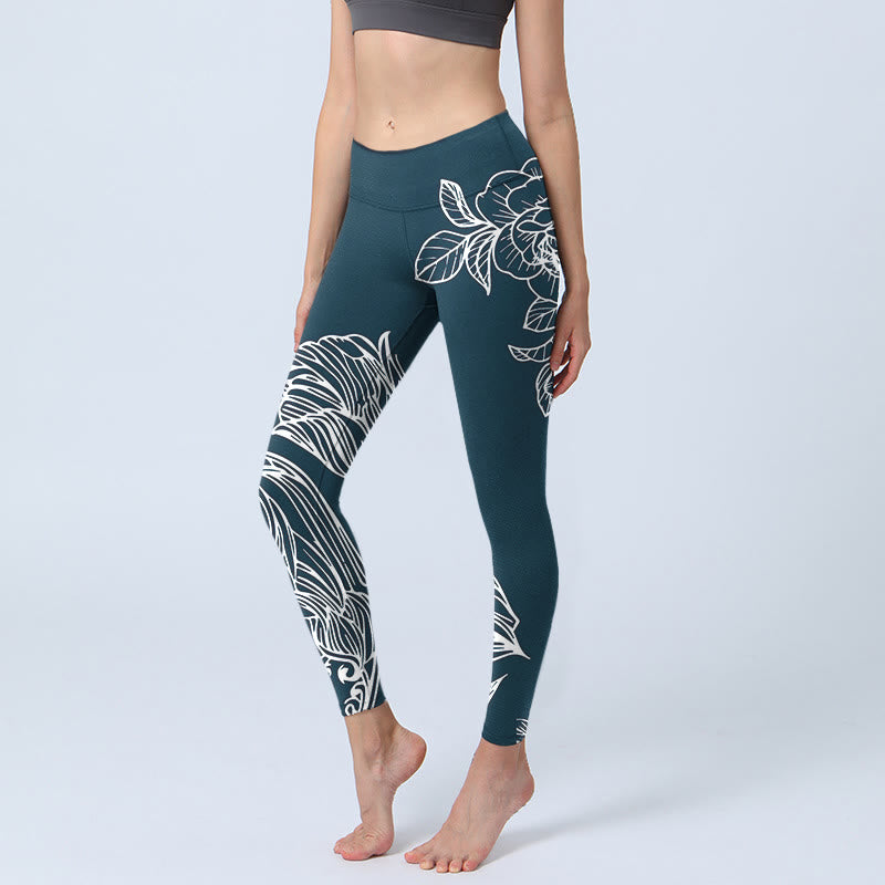 Leggings de fitness para gimnasio con estampado de flores de epiphyllum y peonías de Buddha Stones , pantalones de yoga para mujer - Azul acero - US18，UK/AU22，EU50 (4XL) - image 0
