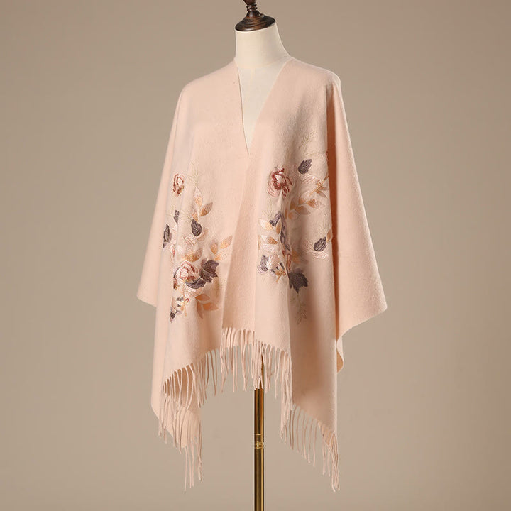 Chal de lana con Buddha Stones, flores blancas y rosas, hojas doradas, bordado con borlas, bufanda de viaje acogedora para el invierno