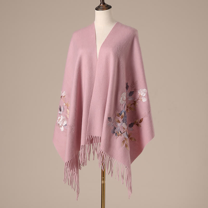 Chal de lana con Buddha Stones, flores blancas y rosas, hojas doradas, bordado con borlas, bufanda de viaje acogedora para el invierno