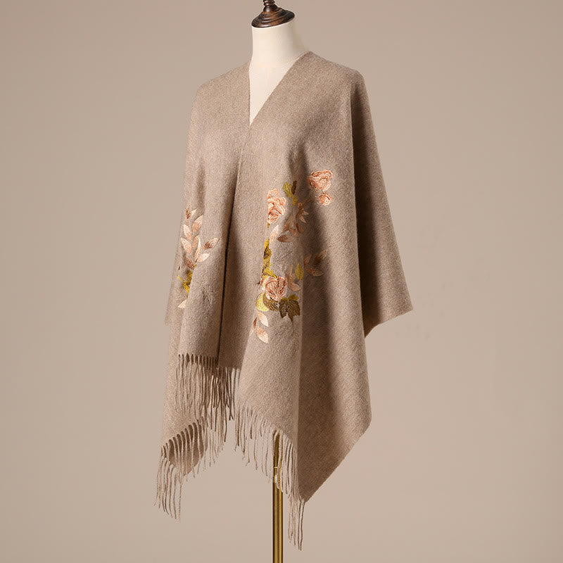 Chal de lana con Buddha Stones, flores blancas y rosas, hojas doradas, bordado con borlas, bufanda de viaje acogedora para el invierno
