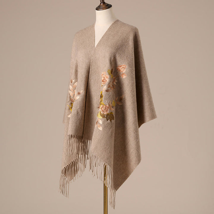 Chal de lana con Buddha Stones, flores blancas y rosas, hojas doradas, bordado con borlas, bufanda de viaje acogedora para el invierno