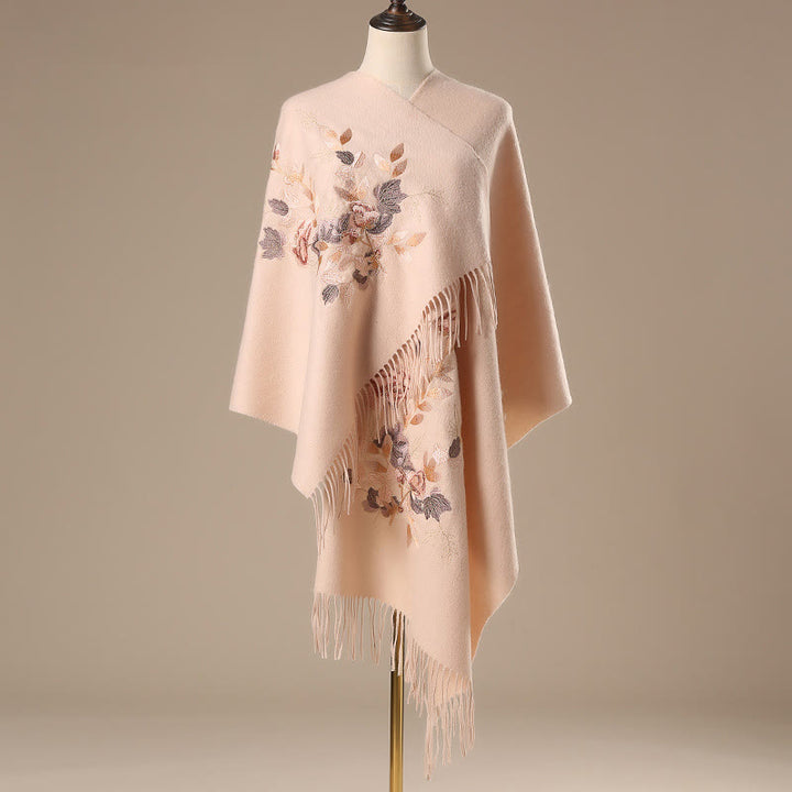 Chal de lana con Buddha Stones, flores blancas y rosas, hojas doradas, bordado con borlas, bufanda de viaje acogedora para el invierno