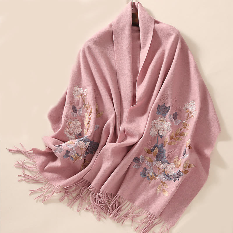 Chal de lana con Buddha Stones, flores blancas y rosas, hojas doradas, bordado con borlas, bufanda de viaje acogedora para el invierno