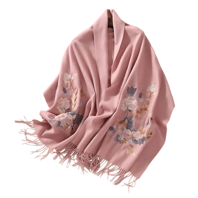 Chal de lana con Buddha Stones, flores blancas y rosas, hojas doradas, bordado con borlas, bufanda de viaje acogedora para el invierno