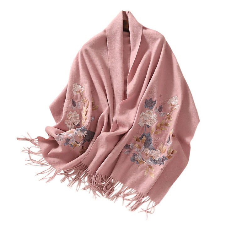 Chal de lana con Buddha Stones, flores blancas y rosas, hojas doradas, bordado con borlas, bufanda de viaje acogedora para el invierno