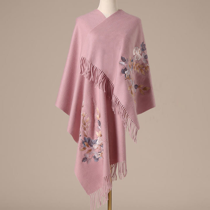 Chal de lana con Buddha Stones, flores blancas y rosas, hojas doradas, bordado con borlas, bufanda de viaje acogedora para el invierno