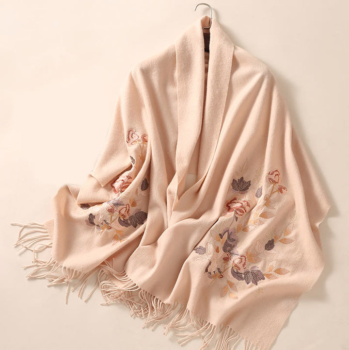 Chal de lana con Buddha Stones, flores blancas y rosas, hojas doradas, bordado con borlas, bufanda de viaje acogedora para el invierno