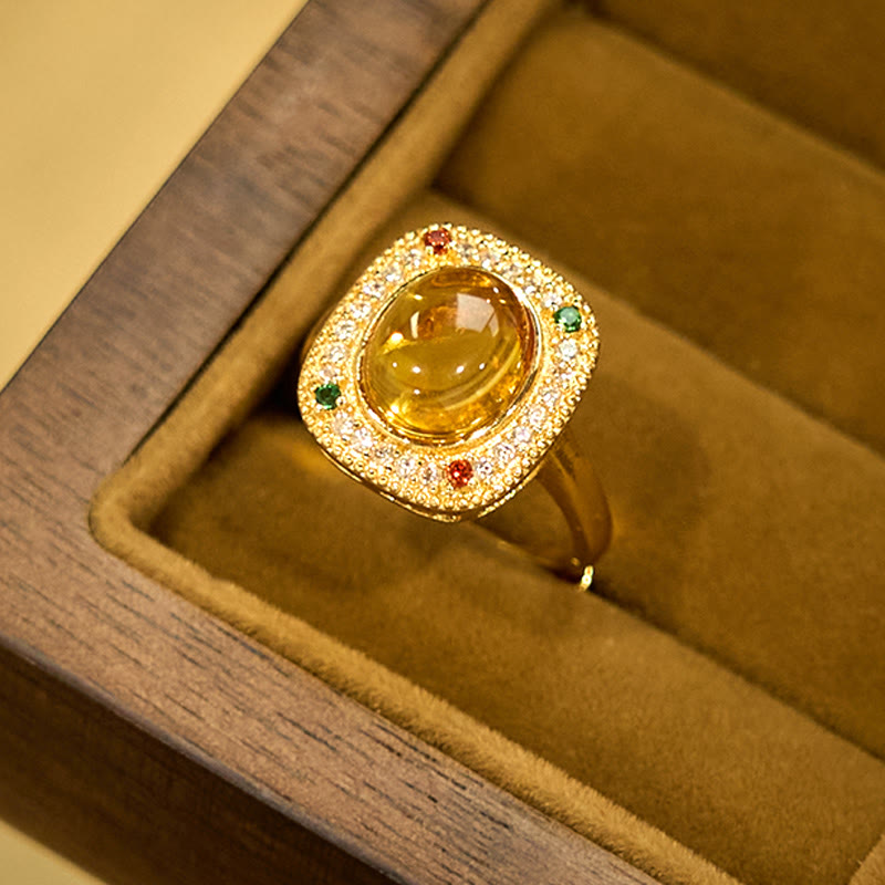 Anillo de confianza con diamantes y soporte cuadrado de flor de ámbar natural de Buddha Stones