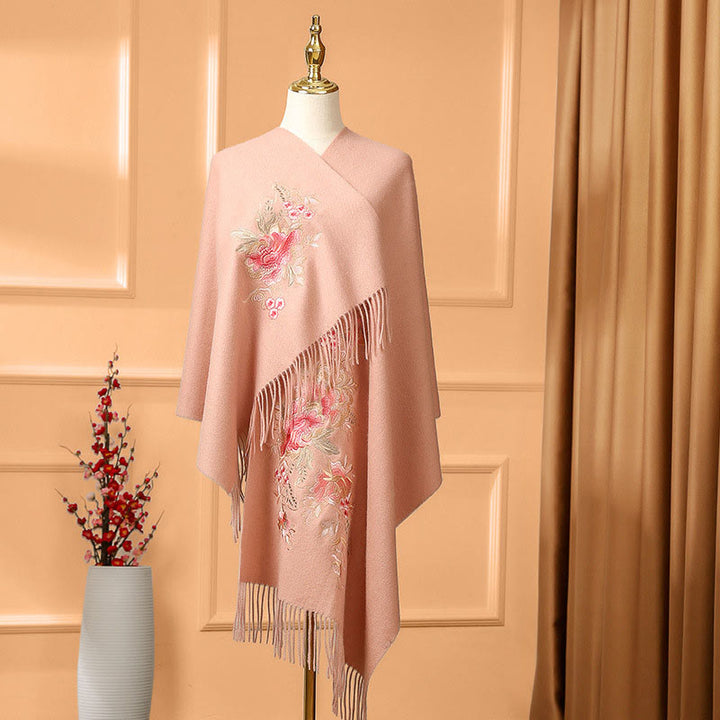Chal de lana con Buddha Stones , hojas de flores rojas, bordado con borlas, bufanda de viaje acogedora para el invierno