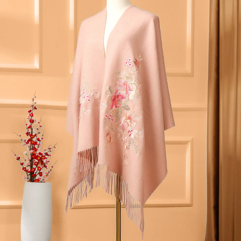 Chal de lana con Buddha Stones , hojas de flores rojas, bordado con borlas, bufanda de viaje acogedora para el invierno