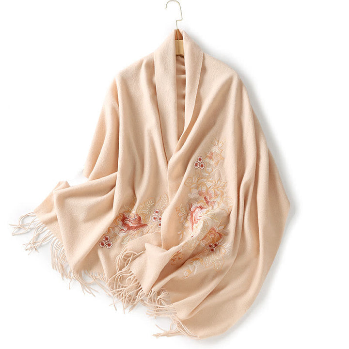 Chal de lana con Buddha Stones , hojas de flores rojas, bordado con borlas, bufanda de viaje acogedora para el invierno