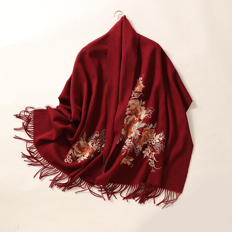 Chal de lana con Buddha Stones , hojas de flores rojas, bordado con borlas, bufanda de viaje acogedora para el invierno