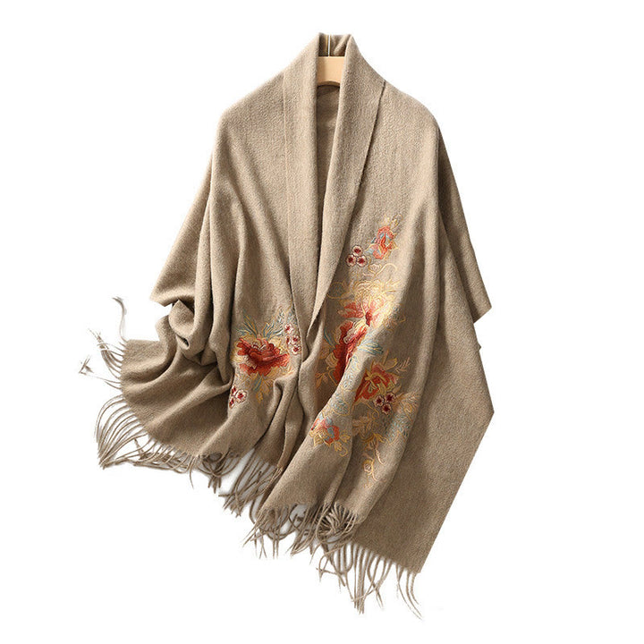 Chal de lana con Buddha Stones , hojas de flores rojas, bordado con borlas, bufanda de viaje acogedora para el invierno