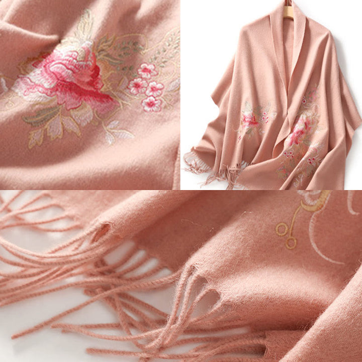 Chal de lana con Buddha Stones , hojas de flores rojas, bordado con borlas, bufanda de viaje acogedora para el invierno
