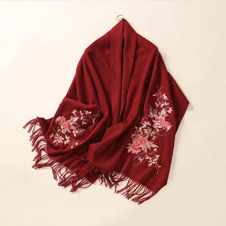 Chal de lana con Buddha Stones , flores rojas, hojas plateadas, bordado con borlas, bufanda de viaje acogedora para el invierno