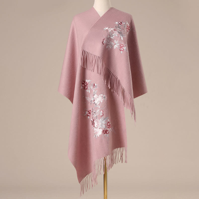 Chal de lana con Buddha Stones , flores rojas, hojas plateadas, bordado con borlas, bufanda de viaje acogedora para el invierno