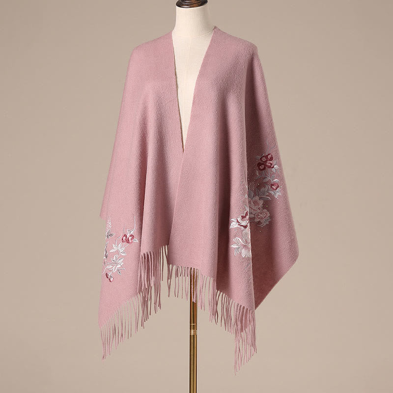 Chal de lana con Buddha Stones , flores rojas, hojas plateadas, bordado con borlas, bufanda de viaje acogedora para el invierno