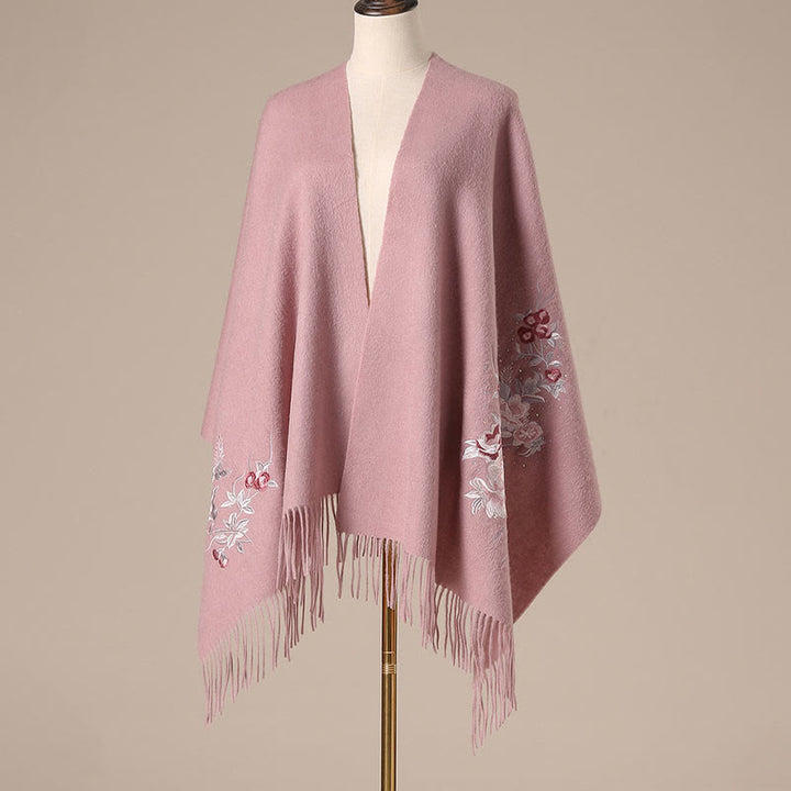 Chal de lana con Buddha Stones , flores rojas, hojas plateadas, bordado con borlas, bufanda de viaje acogedora para el invierno
