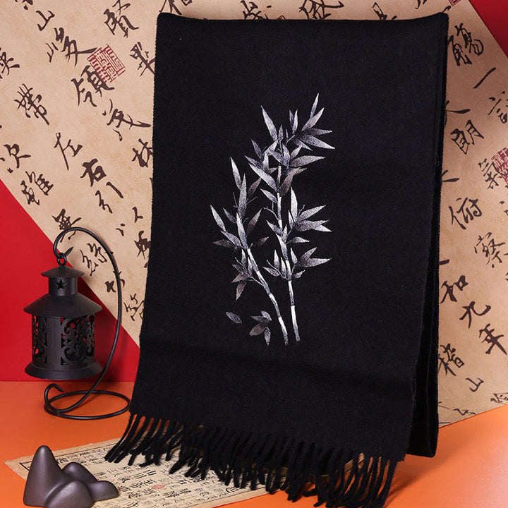 Chal de lana con Buddha Stones y hojas de bambú bordadas con borlas, bufanda de viaje acogedora para el invierno