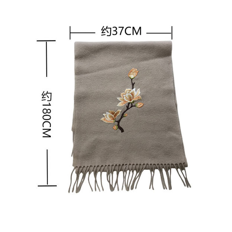 Bufanda de viaje acogedora de invierno con borlas bordadas con magnolias y chal de lana con Buddha Stones