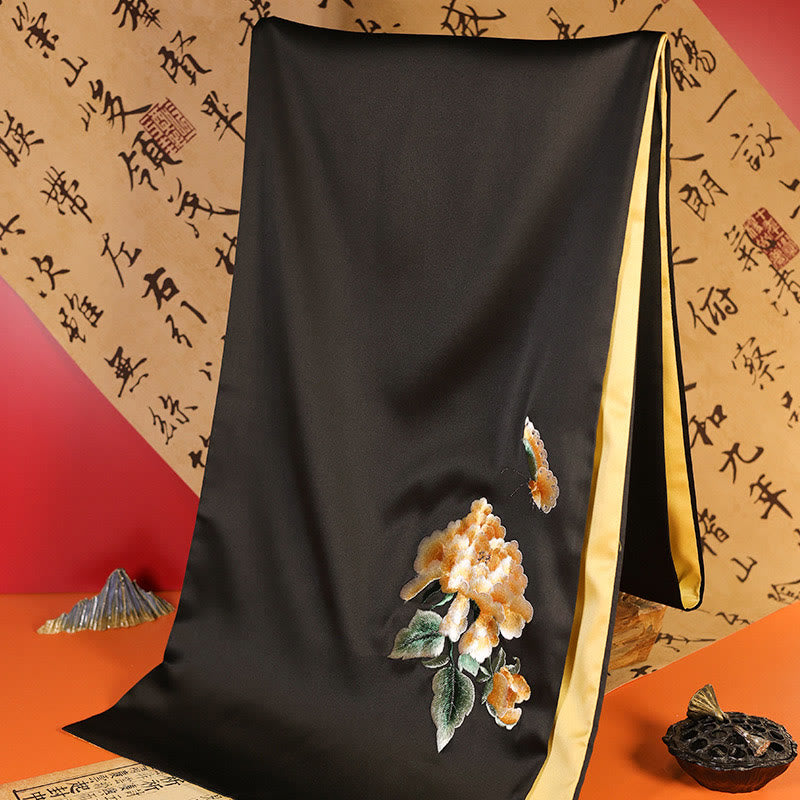 Bufanda de viaje acogedora de invierno con bordado de Suzhou, Buddha Stones , mariposa Yulan, bambú, urraca
