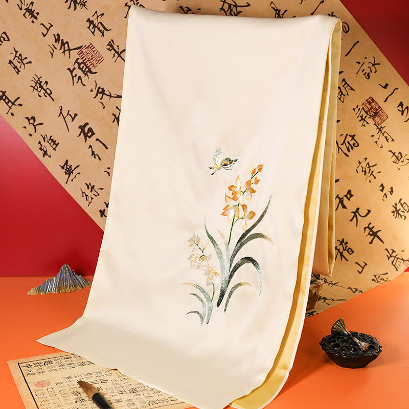 Bufanda de viaje acogedora de invierno con bordado de Suzhou, Buddha Stones , mariposa Yulan, bambú, urraca