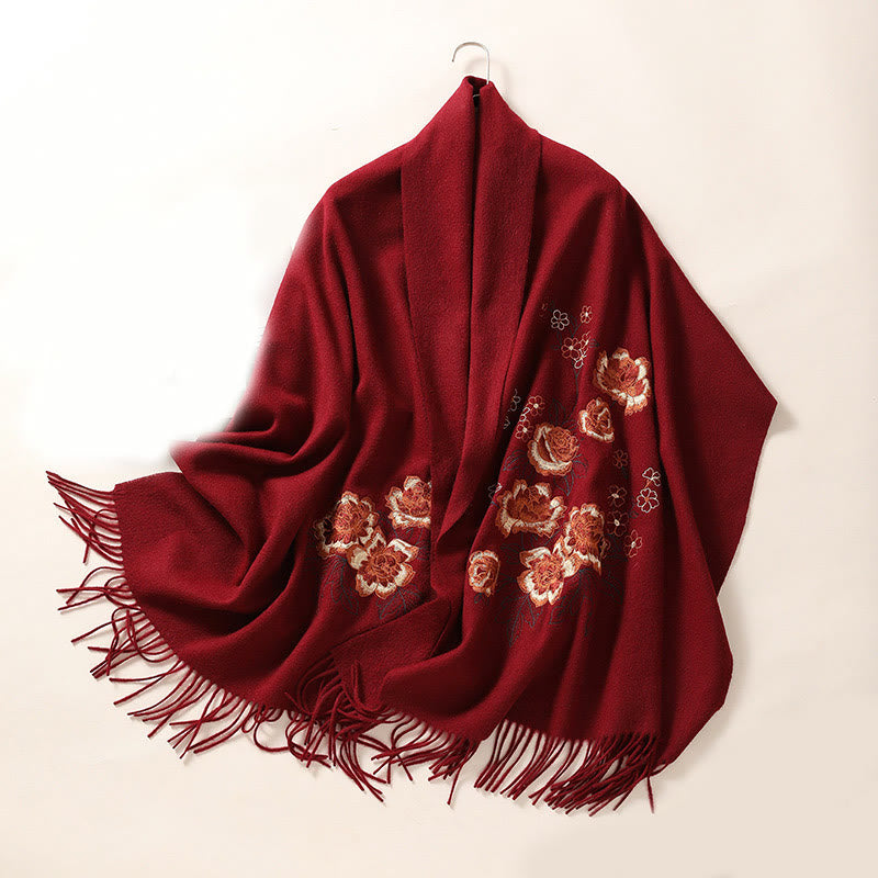 Chal de lana con Buddha Stones y borlas bordadas con peonías rojas, bufanda de viaje acogedora para el invierno
