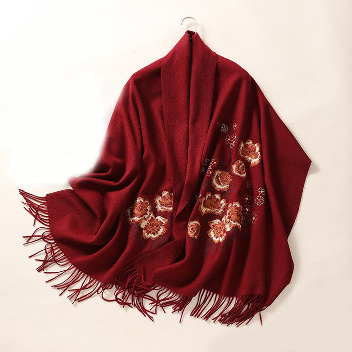 Chal de lana con Buddha Stones y borlas bordadas con peonías rojas, bufanda de viaje acogedora para el invierno