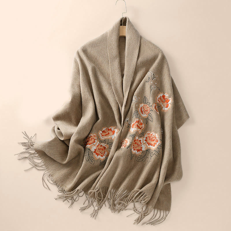 Chal de lana con Buddha Stones y borlas bordadas con peonías rojas, bufanda de viaje acogedora para el invierno
