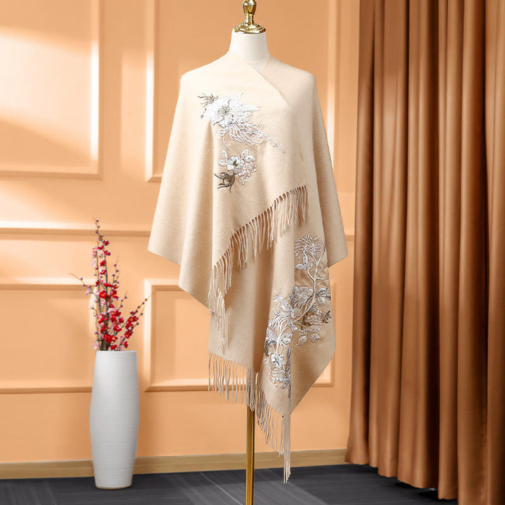 Chal de lana con Buddha Stones y borlas bordadas con flores blancas y naranjas, bufanda de viaje acogedora para el invierno