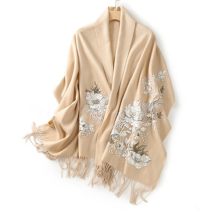 Chal de lana con Buddha Stones y borlas bordadas con flores blancas y naranjas, bufanda de viaje acogedora para el invierno