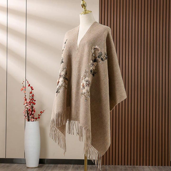 Chal de lana con Buddha Stones y borlas bordadas con flores blancas y naranjas, bufanda de viaje acogedora para el invierno
