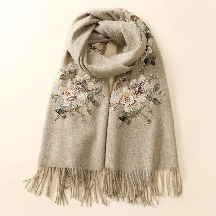 Chal de lana con Buddha Stones y borlas bordadas con flores blancas y naranjas, bufanda de viaje acogedora para el invierno