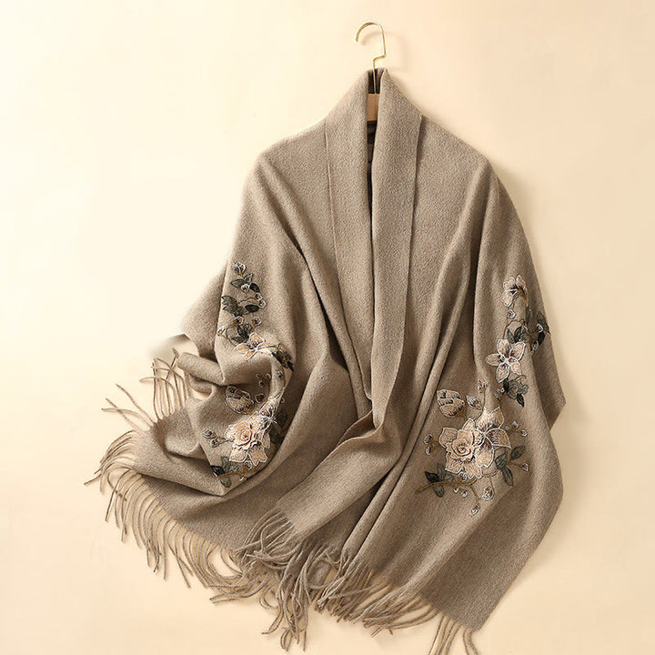 Chal de lana con Buddha Stones y borlas bordadas con flores blancas y naranjas, bufanda de viaje acogedora para el invierno
