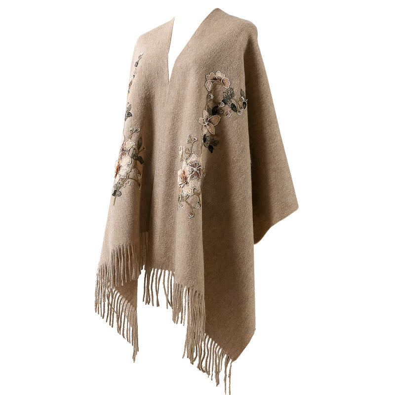 Chal de lana con Buddha Stones y borlas bordadas con flores blancas y naranjas, bufanda de viaje acogedora para el invierno