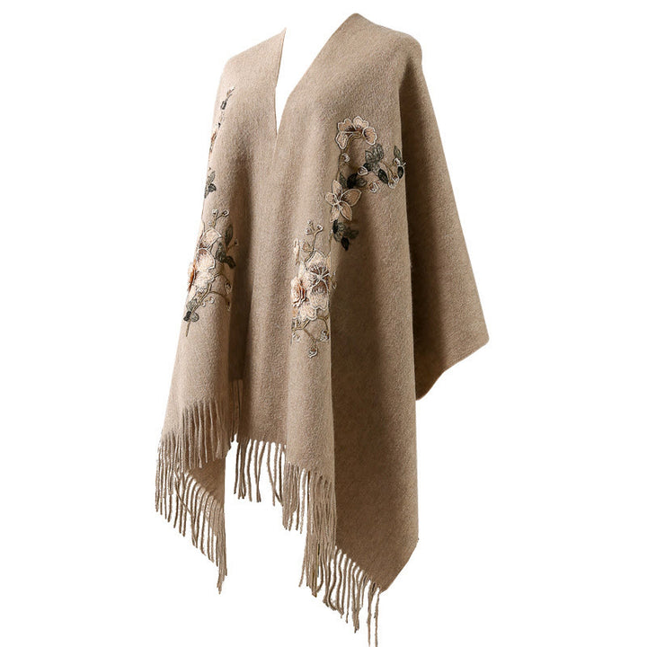 Chal de lana con Buddha Stones y borlas bordadas con flores blancas y naranjas, bufanda de viaje acogedora para el invierno