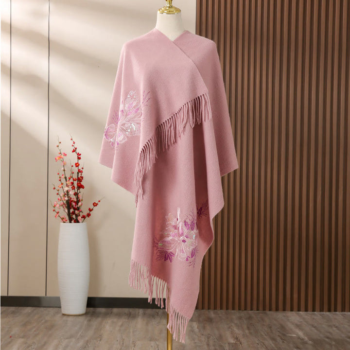Chal de lana con Buddha Stones , bordado de lentejuelas y flores, bufanda de viaje acogedora para invierno