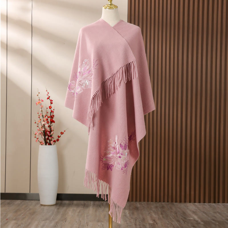Chal de lana con Buddha Stones , bordado de lentejuelas y flores, bufanda de viaje acogedora para invierno - rosa claro - 200*60 cm - image 0