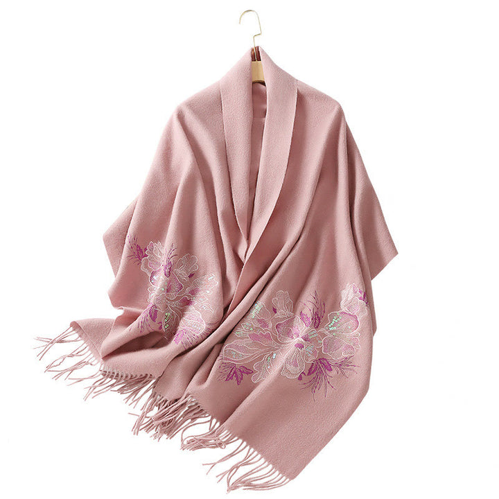 Chal de lana con Buddha Stones , bordado de lentejuelas y flores, bufanda de viaje acogedora para invierno