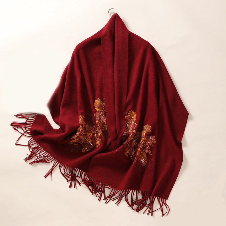 Chal de lana con Buddha Stones , bordado de lentejuelas y flores, bufanda de viaje acogedora para invierno - Ladrillo refractario - 200*60 cm - image 8