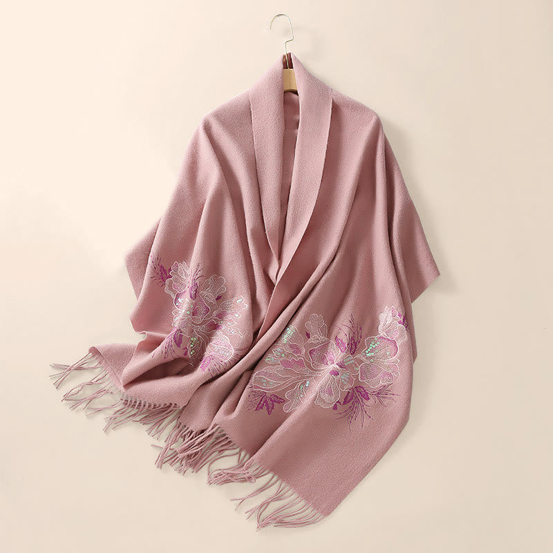 Chal de lana con Buddha Stones , bordado de lentejuelas y flores, bufanda de viaje acogedora para invierno