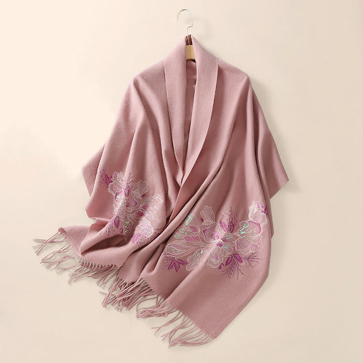 Chal de lana con Buddha Stones , bordado de lentejuelas y flores, bufanda de viaje acogedora para invierno