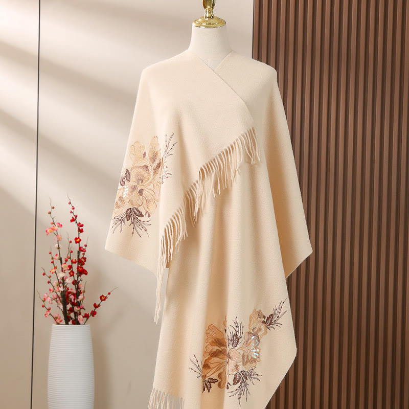 Chal de lana con Buddha Stones , bordado de lentejuelas y flores, bufanda de viaje acogedora para invierno