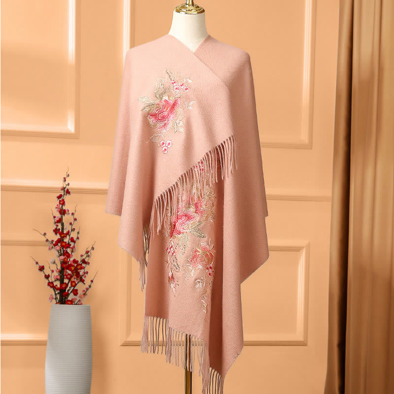 Chal de lana con Buddha Stones y borlas bordadas con flores rojas y rosas, bufanda de viaje acogedora para el invierno