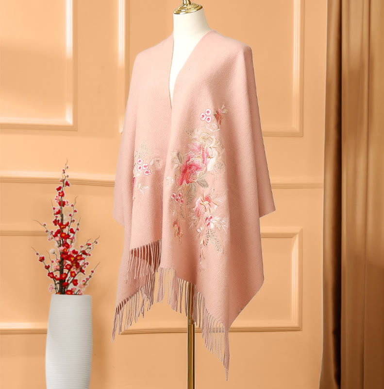 Chal de lana con Buddha Stones y borlas bordadas con flores rojas y rosas, bufanda de viaje acogedora para el invierno