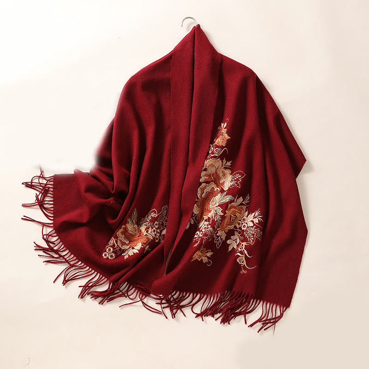 Chal de lana con Buddha Stones y borlas bordadas con flores rojas y rosas, bufanda de viaje acogedora para el invierno