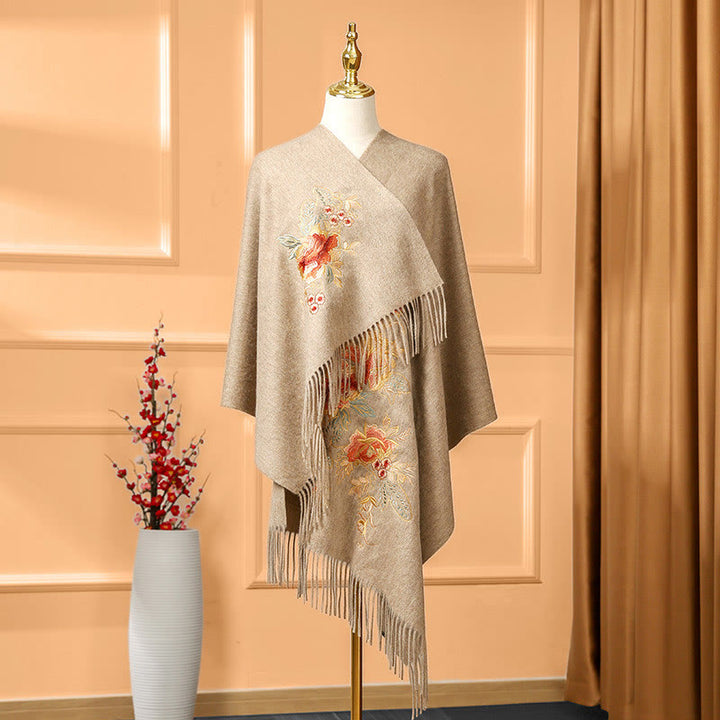 Chal de lana con Buddha Stones y borlas bordadas con flores rojas y rosas, bufanda de viaje acogedora para el invierno