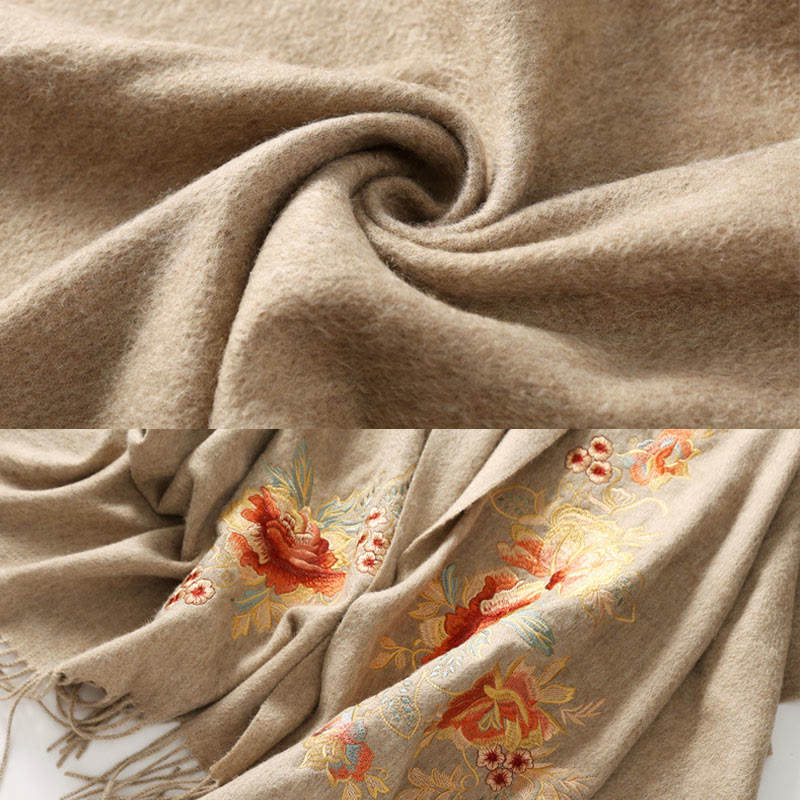 Chal de lana con Buddha Stones y borlas bordadas con flores rojas y rosas, bufanda de viaje acogedora para el invierno