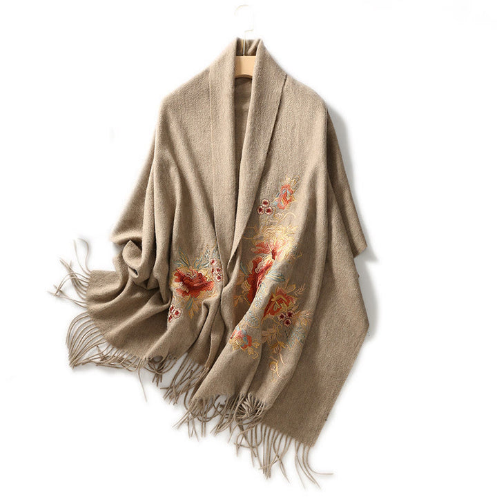 Chal de lana con Buddha Stones y borlas bordadas con flores rojas y rosas, bufanda de viaje acogedora para el invierno