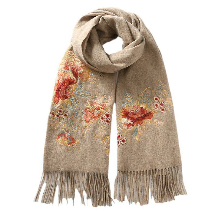 Chal de lana con Buddha Stones y borlas bordadas con flores rojas y rosas, bufanda de viaje acogedora para el invierno